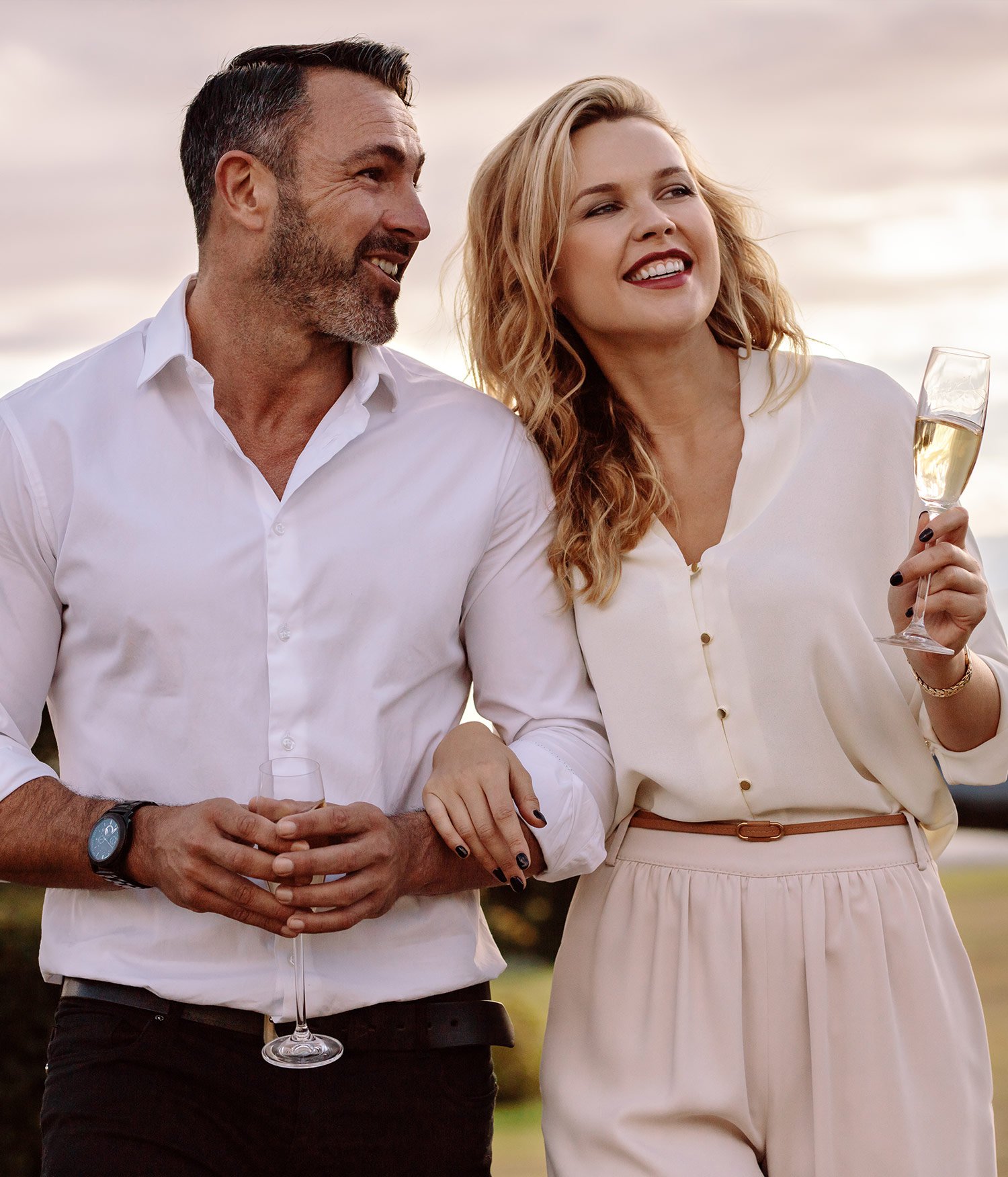 botox patient model walking outside with her partner